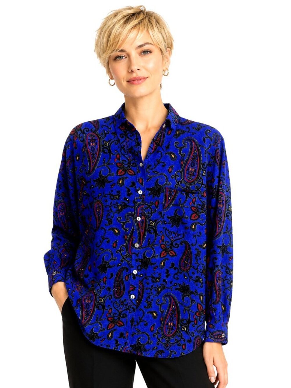 Chico's Royal Blue Paisley Silk Long Sleeve Blouse